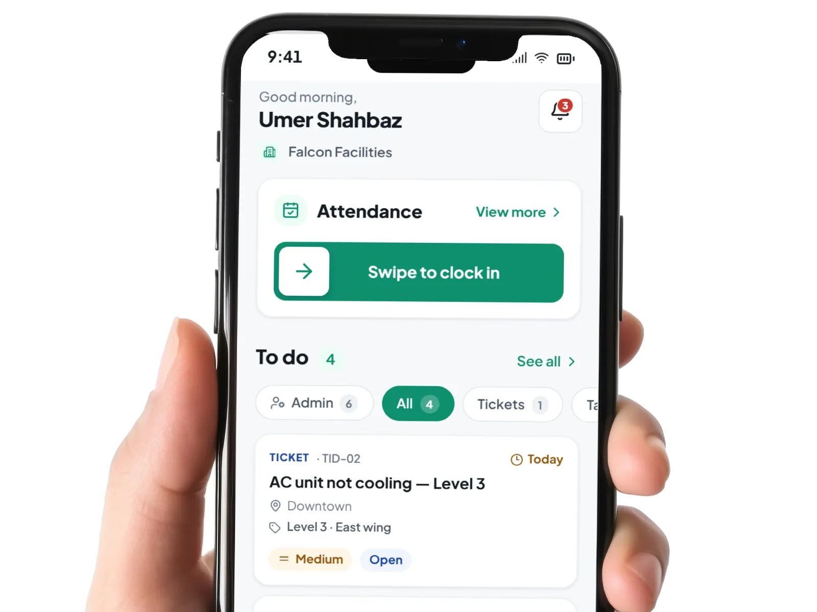 A hand holding a phone running the Midani field app, showing attendance clock-in and today's tasks.